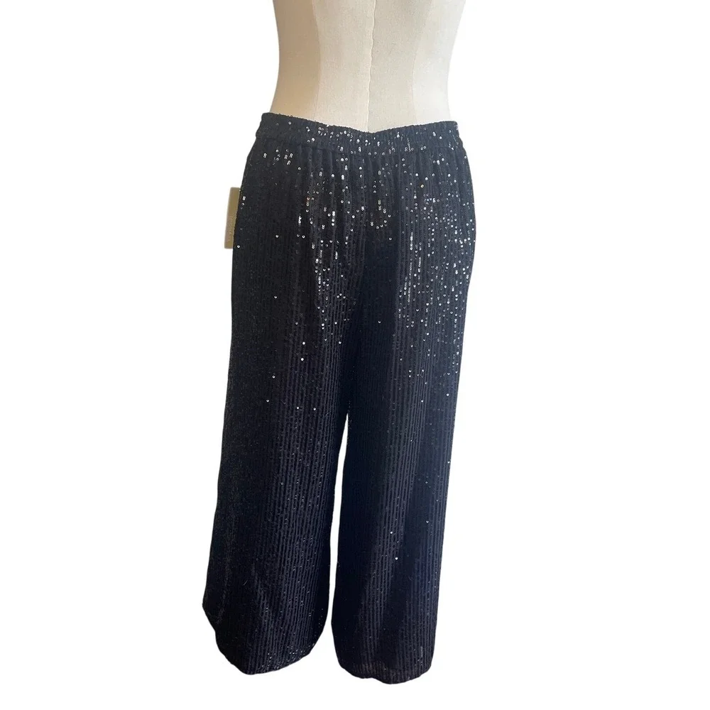 Michael Kors Black Sequin Wide Leg Cropped Pants Women's Size M‎